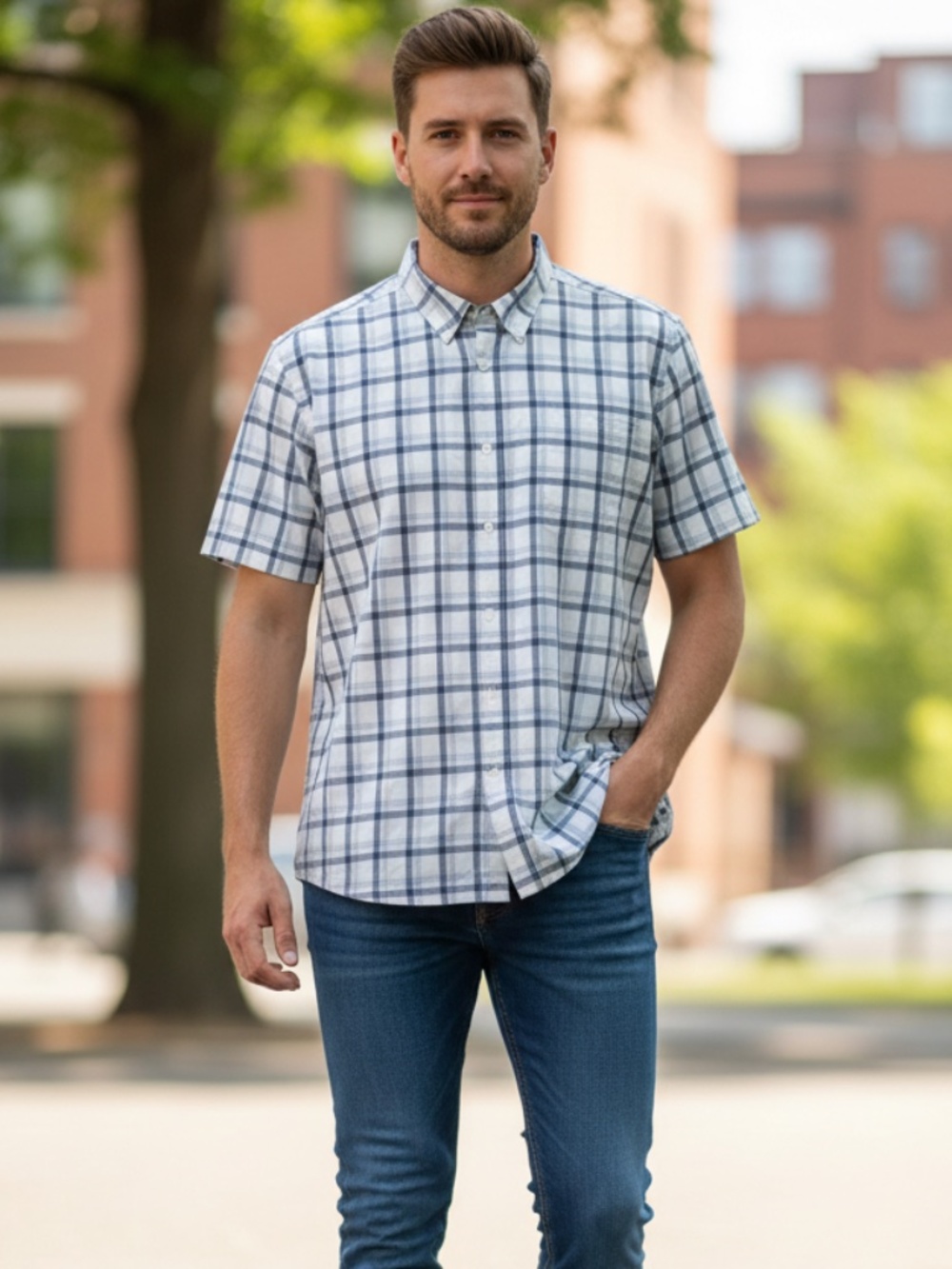Patagonia shades of blue and white short sleeve button-down shirt XXL